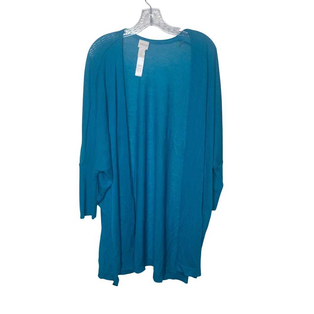 Chicos Womens Teal Blue Open Front Cardigan 3/4 Sleeve Rayon Blend Size 2 L XL